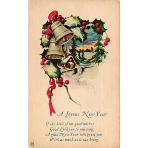 Antique New Year Postcard Snow‎ Cabin Bells Holly Red Ribbon Unused Divided Back